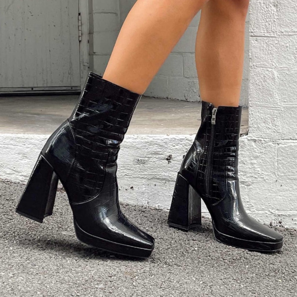 Princess Polly Jamie Croc Platform Boots Black